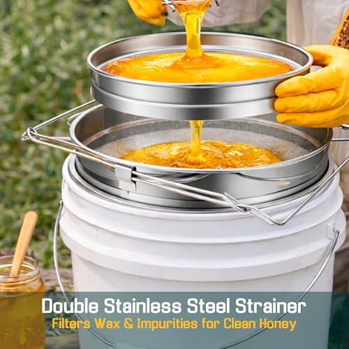 SunVara Honey Bucket with Gate 5 Gallon Kit - Stainless Steel Double Layer Strainer, Honey Scrapper Tool Beekeeping Equipment, Honey Extractor Equipment, Bee Supplies