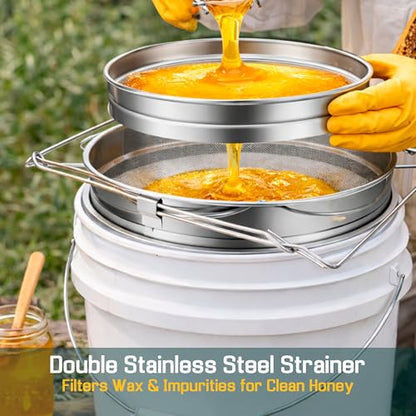 SunVara Honey Bucket with Gate 5 Gallon Kit - Stainless Steel Double Layer Strainer, Honey Scrapper Tool Beekeeping Equipment, Honey Extractor Equipment, Bee Supplies