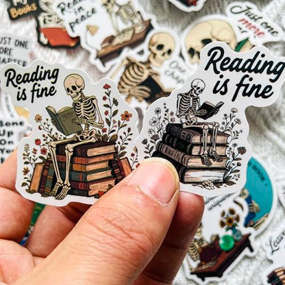 56PCS Gothic Skeleton Bookish Stickers – Funny Reading Quotes Vinyl Decals for Book Lovers, eBook Reader, Journal, Laptop, Scrapbook, Planner, Kindle, Water Bottles - color: Skeleton Reading