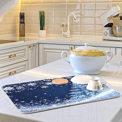 Christmas Tree Blue Dish Drying Mat for Kitchen Countertop 18x24 Winter Snowflake Silver Xmas Large Drying Mat Reusable Quick Dry Dish Sink Mats Easy Clean Decorative Essentials - size: 18x24(in)x1
