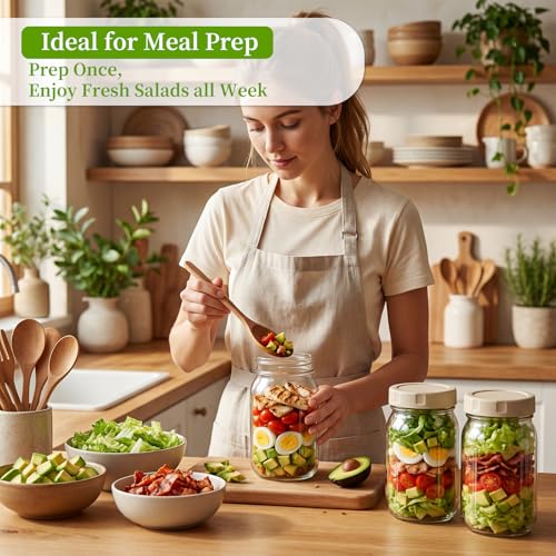 4 Pack Glass Salad Jars with Lids Meal Prep, 32oz Meal Prep Glass Salad Jars with 4 Stainless Steel Forks Wet/Dry Dressing Cups for Home, Office and Outdoor, 32oz Mason Jars