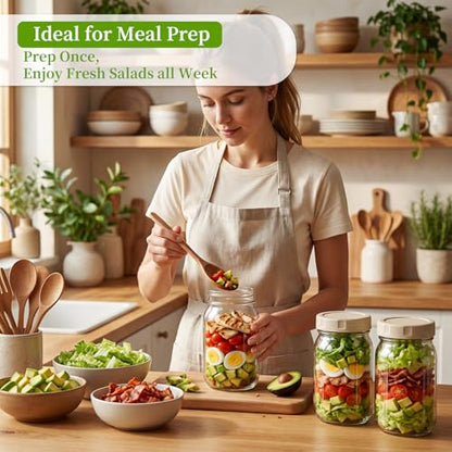 4 Pack Glass Salad Jars with Lids Meal Prep, 32oz Meal Prep Glass Salad Jars with 4 Stainless Steel Forks Wet/Dry Dressing Cups for Home, Office and Outdoor, 32oz Mason Jars