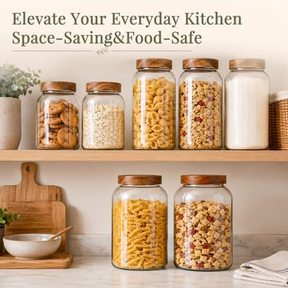 CONNOO 2PCS Flour Sugar Storage Containers Large Glass Food Storage Jars with Airtight Acacia Wood Lids Including 120 Labels Easy-Scooping Design for Flour Sugar Rice and Dry Foods (1 Gallon 135 oz) - color: cylindrical/135oz/2pcs