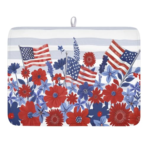 Patriotic Floral Dish Drying Mat for Kitchen Counter 4th of July American Flag Microfiber Dish Drainer Mat Red and Blue Flower Absorbent Washable Drying Pad 18"x24" - color: Patriotic Floral Flag, size: 24" x 18"