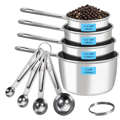 8 PCS Stainless Steel Measuring Cups and Spoons Set, Engraved Metric & US Measurement Measuring Cups and Spoons, Food Grade Metal Measure Cups for Dry & Liquid Kitchen Cooking Baking, Dishwasher Safe