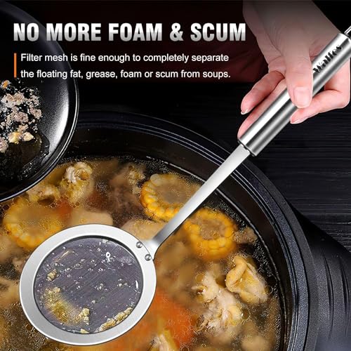 Walfos Fine Mesh Strainer and Fat Skimmer Spoon Set, Multipurpose Metal Strainers for Kitchen, Rice, Quinoa, Food, 304 Stainless Steel Fat Skimmer For Cooking, Fat, Grease, Floating Foam, 5 Pack - style: Strainers Skimmers Set