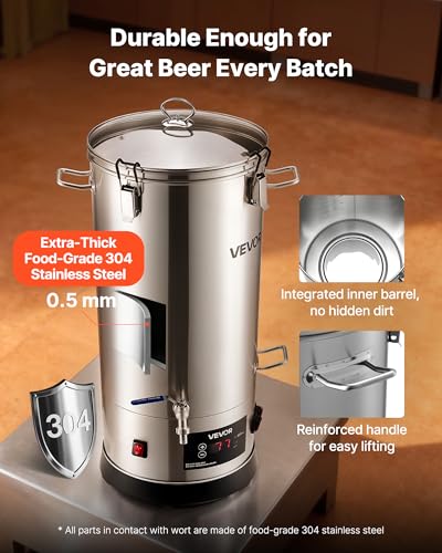 VEVOR Beer Brewing Equipment, 8 Gal/30L 304 Stainless Steel Home Beer Brewer,1500W All-in-One Home Brewing Kit with Tall strainer, Integrated Inner Barrel & Reinforced Handle - size: 8 Gal