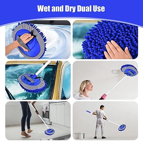 62" Car Wash Brush with Long Handle and Car Wash Brush Microfiber Car Cleaning Brush Kit for Car RV Truck Cleaning 1 Chenille Scratch-Free Replacement Head with Aluminum Alloy Pole (Blue) - color: Blue