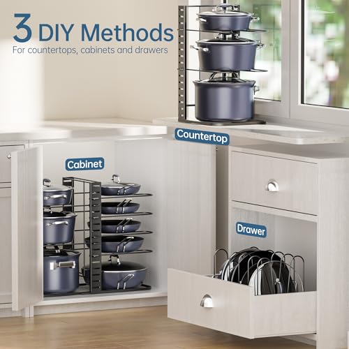 ORDORA Pots and Pans Organizer Under Cabinet 14.55" Height, Adjustable 8-Tier Pot Organizers inside Cabinet, Kitchen Organizers and Storage Fit 6-11 inch Lightweight Cookware - style: M-14.55"H-LightDuty