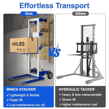 122" Material Lift Winch Stacker, 400 lbs Capacity Manual Material Lifts, Adjustable Straddle Material Lifter, Hand Winch Lift Trucks for Warehouse, Factory, Lightweight, 42.90" L x 43.30" W - color: Blue Adjustable Legs