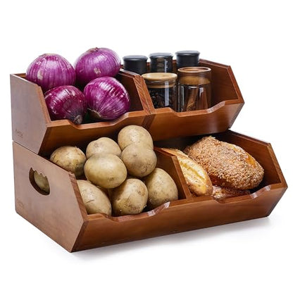 HYPIGO Wood Pantry Storage Baskets, Stackable Large Capacity Potato and Onion Storage Bins, Kitchen Pantry Organizers for Vegetables, Bread, Spices (Set of 3)