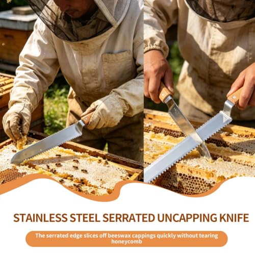 Serrated Straight Edges Honey Knife, Stainless Steel Serrated Uncapping Knife with Wooden Handle for Wax and Honey Extraction