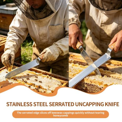 Serrated Straight Edges Honey Knife, Stainless Steel Serrated Uncapping Knife with Wooden Handle for Wax and Honey Extraction