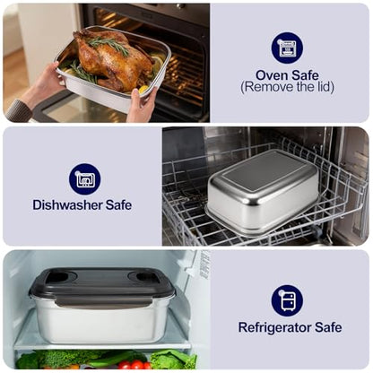 QCQHDU Stainless Steel Food Storage Containers, 5500 ML/ 186 oz / 23 Cup Large Food Storage Meal Prep Containers with Airtight Lids for Roasting Turkey, Chicken, Baking Casserole, Fruits, Party