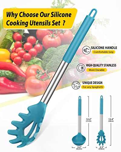 Silicone Pasta Fork and Ladle Spoon Set, Large Non Stick Kitchen Utensils for Cooking,Stirring,Serving Spaghetti, Soup, Sauce (BLUE) - color: Blue