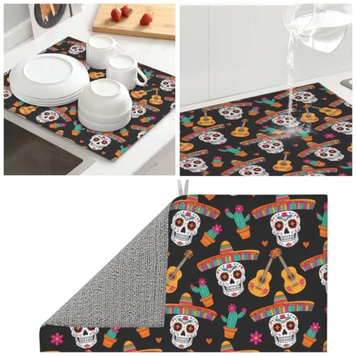 Sugar Skulls Guitars Cacti Dish Drying Mats for Kitchen Counter, Super Absorbent Microfiber Drainer Pad, Washable Reversible Appliance Protector, Everyday Kitchen Must-Have, 16x18 Inch - color: Sugar Skulls Guitars Cacti