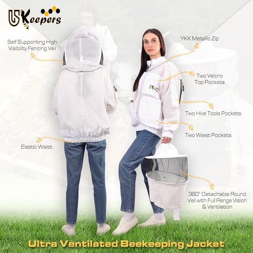3 Layer Ventilated Sting Proof Bee Jacket for Men & Women, Premium Beekeeping Jacket with Gloves & Two Beekeeper Veils. (White J/M) - color: White, size: Medium