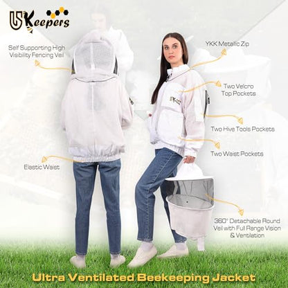 3 Layer Ventilated Sting Proof Bee Jacket for Men & Women, Premium Beekeeping Jacket with Gloves & Two Beekeeper Veils. (White J/3XL) - color: White, size: 3X-Large