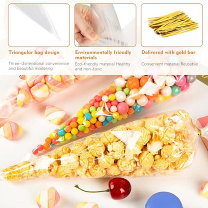 CdbC Cone Shaped Cellophane Treat Bags, 100 Pcs 7x15 inches, Clear, Disposable, Formed/Sealed, Plastic, Twist Tie, Perfect for Party Treats, Candy, Popcorn, Snack Wraps