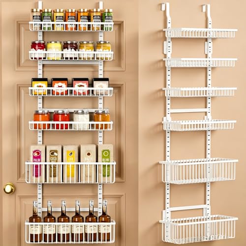 Moforoco Adjustable Over the Door Organizer, Metal Hanging Door Organizer with 5 Wire Basket 7 Hooks, Wall Mounted Shelf for Pantry Laundry Organization and Storage, White - color: White, size: 6-Tier