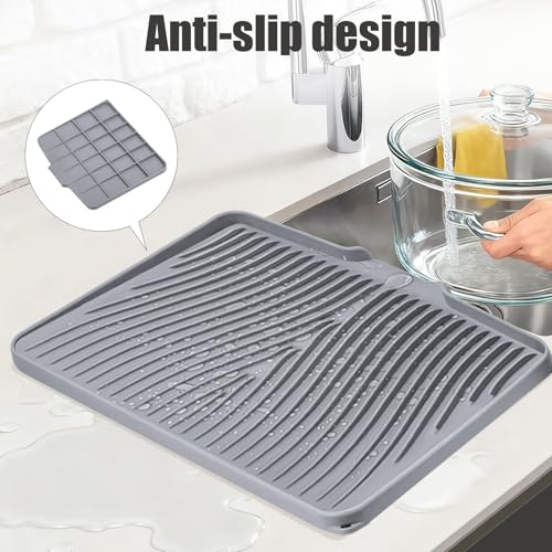 TIKNIK Silicone Dish Drying Mat for Kitchen Counter - Heat Resistant & Non-Slip Dish Drain Pad with Built-In Drain, Dishwasher Safe, Quick-Dry, Hangable & Roll-Up for Storage, Grey-1pcs, 20" x 15" - size: 20" x 15"