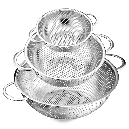 E-far Stainless Steel Colander Set of 3 (1-3-5Quart), Micro-Perforated Metal Colander Strainer with Handle for Kitchen/Draining Pasta/Rinsing Vegetables Fruits, Heavy Duty & Dishwasher Safe - size: 1 + 3 + 5 QT