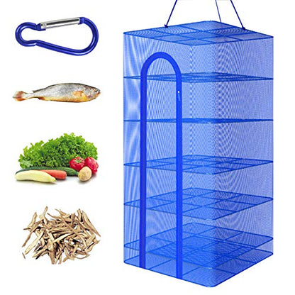 Hanging Drying Net Foldable Drying Rack Net Dryer 19.7"x19.7"x37.4" 6 Layer Folding Fish Mesh Collapsible Dry Net with Zippers for Drying Seeds Fish Vegetables Fruit Herb Food - color: Blue