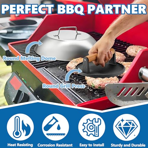 SafBbcue Round Cast Iron Smash Burger Grill Weight Press Tool & Griddle Steamer Melting Dome 12" Round Stainless Steel Basting Cover for Blackstone Griddle, Griddle Food Cover Dome for Flat Top Grills - style: 12In Dome+Round Press