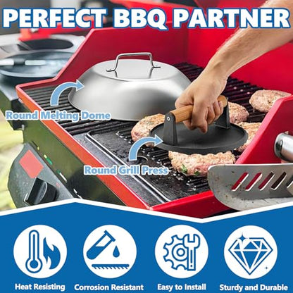 SafBbcue Round Cast Iron Smash Burger Grill Weight Press Tool & Griddle Steamer Melting Dome 12" Round Stainless Steel Basting Cover for Blackstone Griddle, Griddle Food Cover Dome for Flat Top Grills - style: 12In Dome+Round Press