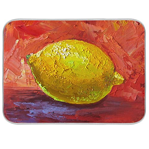 Absorbent Dish Drying Mat for Kitchen Counter - Yellow Lemons Red Background Microfiber Drying Pad, Reversible Drainer Mats for Countertop, Medium 16 x 18 inch - color: 18 Yellow lemon red background, size: M