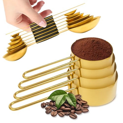 11 pcs Gold Measuring Cups and Spoons Set,Includes 4pcs Measuring Cups And 6pcs Magnetic Measuring Spoons & 1 Leveler,Stainless Steel is Ideal for Measuring Liquids And Dry Ingredients - color: 11 set