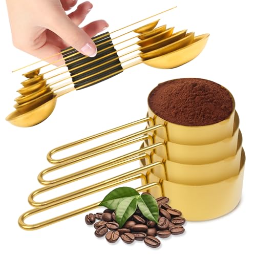 11 pcs Gold Measuring Cups and Spoons Set,Includes 4pcs Measuring Cups And 6pcs Magnetic Measuring Spoons & 1 Leveler,Stainless Steel is Ideal for Measuring Liquids And Dry Ingredients - color: 11 set