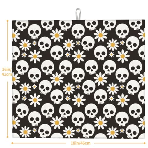 White Skulls Daisy Flowers Dish Drying Mats for Kitchen Counter, Super Absorbent Microfiber Drainer Pad, Washable Reversible Appliance Protector, Everyday Kitchen Must-Have, 16x18 Inch - color: White Skulls Daisy Flowers