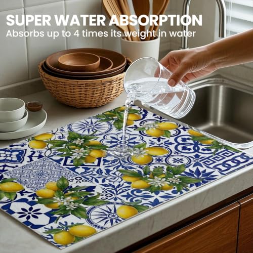 Absorbent Kitchen Dish Drying Mat Quick Dry Heat Resistant Hide Stain for Glasses Coffee Espresso Machines Pots Pans and Dish Racks,18" x 24" Blue White Lemon Tile Bohemia Pattern - color: Blue White Lemon Tile Bohemia
