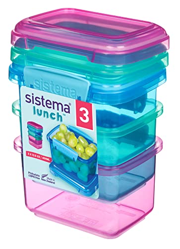 Sistema 3-Piece Food Storage Containers with Lids for Lunch, Meal Prep, and Leftovers, Dishwasher Safe, 1.6-Cup, Blue/Green/Pink - size: 12.8oz