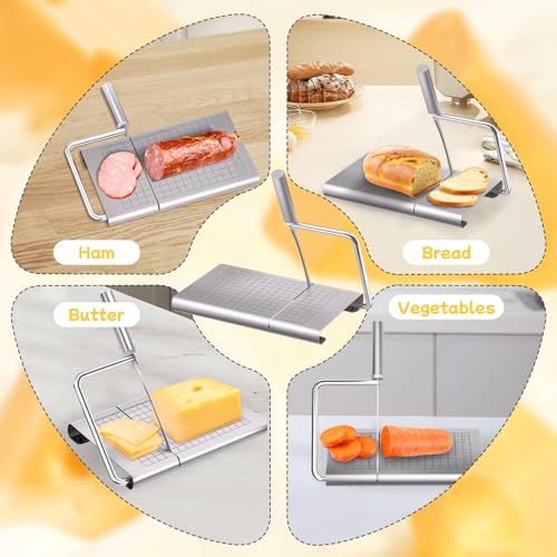 Heavy Duty Cheese Slicer for Block Cheese with 6Pcs Cheese Knife Set, Stainless Steel Cheese Cutter Board with Precise Measuring Grid and Non-Slip Feet, Dishwasher Safe