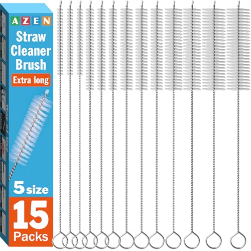 AZEN 15 Pack Straw Cleaner Brush Set, 12 inch Extra Long, 5 Different Diameters Reusable Cleaning Brush for Sippy Cup, Water Bottle and Tubes