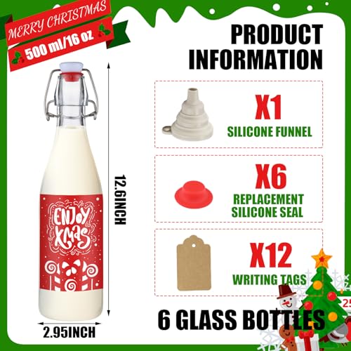 Sieral 6 Set Coquito Bottles 16 oz Christmas Swing Top Glass Bottles Flip Top Brewing Bottle for Vanilla Extract Homemade with Christmas red Label Stickers Home Brewing Coquito Beverages Liqueur - color: Christmas Red