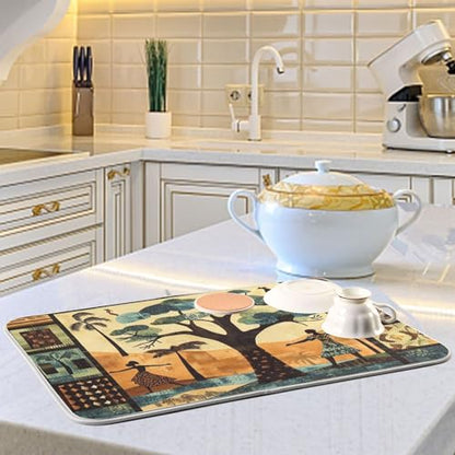 African Tree Figure Dish Drying Mat for Kitchen Counter Super Absorbent Draining Mat with Non-slip Backed Dish Rack Pad for Countertops Sinks Draining Racks Dish Bottles Cups Bowl