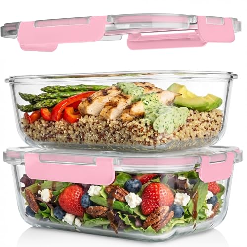 Razab 2 Pcs 1860ml / 63 Oz Large Glass Food Storage Containers with Lids - Glass Meal Prep Containers with Locking Lids for Roasting, Storing Leftover, Lunch Container, BPA Free, Microwave & Oven Safe - color: Pink