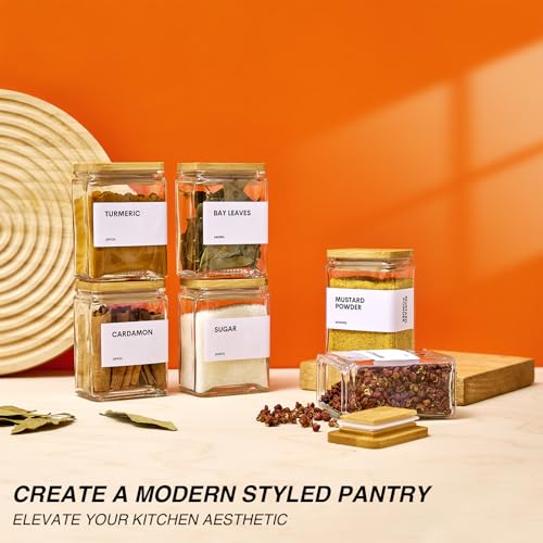 Glass Spice Jars with Bamboo Lid, 4oz Square Spice Containers for Pantry Organization, Seasoning Bottles with Labels, Spoons, Funnel for Salt Sugar - color: White
