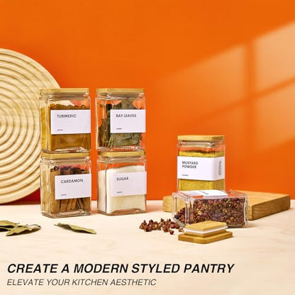 Glass Spice Jars with Bamboo Lid, 4oz Square Spice Containers for Pantry Organization, Seasoning Bottles with Labels, Spoons, Funnel for Salt Sugar - color: White