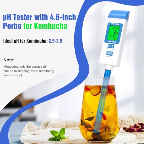 pH Meter for Water Digital pH Tester with 4.6in pH Probe Lab pH Gauge pH Reader with ATC for Canning Professional pH Temperature Test Kit for Narrow-Necked Bottle Solution Kombucha and Home Brewing
