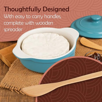 Muldale Ceramic Camembert Baker with Lid and Wooden Spreader - Brie Baking Dish Set for Entertaining - 5.5" Oven Safe Blue - color: Blue