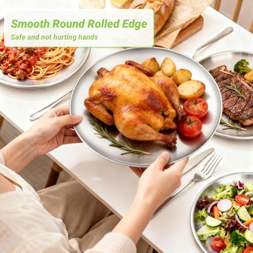 Stainless Steel Plates, 4 Pack 11.8 inch Large 201 Metal Food Serving Plate Set, Reusable Snack Eating Dishes Round Shatterproof Brushed Finish Dish Silver Dinner Lunch Oven Dishwasher Safe - size: 11.8"