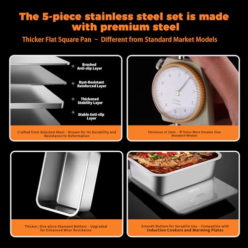 5-Piece Grill Carry System, Thickened Stainless Steel Grill Prep Trays for BBQ and Oven Use with Oil Drain Rack, Marinade Container with Lid, Nested Storage, Grilling Prep and Serve Trays