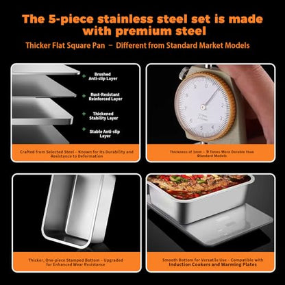 5-Piece Grill Carry System, Thickened Stainless Steel Grill Prep Trays for BBQ and Oven Use with Oil Drain Rack, Marinade Container with Lid, Nested Storage, Grilling Prep and Serve Trays