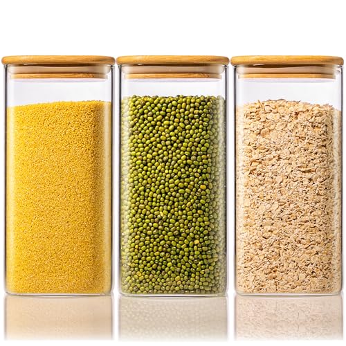 57oz - 3 Pack Square Glass Jars with Bamboo Lids, Glass Food Storage Containers with Airtight Lids for Kitchen, Air Tight Pantry Storage Containers for Cereal, Pasta, Rice, Sugar, Coffee, Spice - color: 57oz 3 Pack