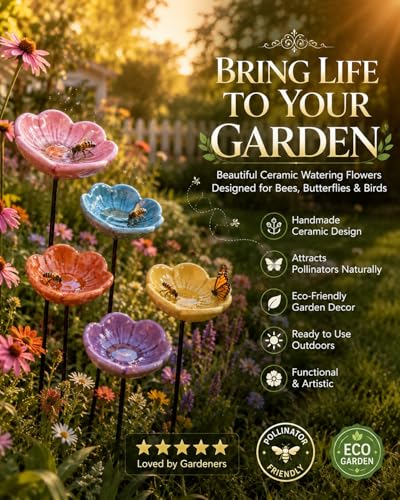 Bee Watering Station for Garden Cups Bird Butterfly Bees Ceramic Drinking and Water Bath Feeder Cup Blossoms Flowers Shaped Design Poppies Bowl Wildlife Feeding 5PCS Watring Pollinator - color: #5PCS-A