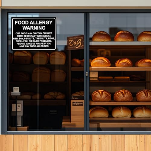 4 Pcs Food Allergy Warning Sign, Self Adhesive Waterproof Cottage Food Law Labels Stickers, Restaurant Cafe Bar Kitchen Safety Labels Stickers for Public Dining Areas (200x150mm)
